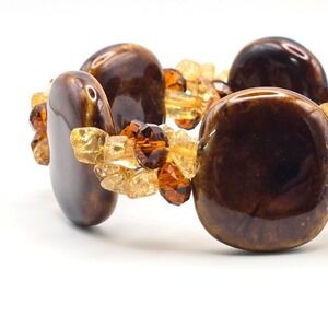Chunky Brown Ceramic Stretch Bracelet Crackle Glass Accent Beads Polished Boho